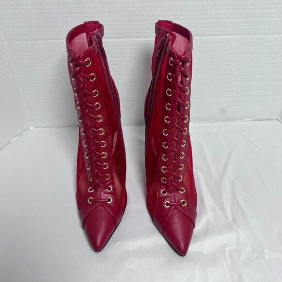 Anne Michelle Deliver the Heat Red Lace Up Pointed Toe Stiletto Booties Womens 6 - Picture 3 of 8